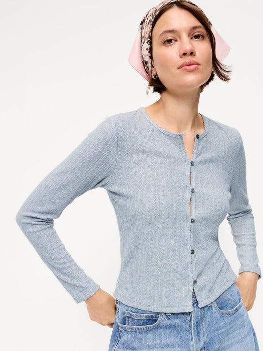 Long-Sleeve Button-Front Pointelle Top