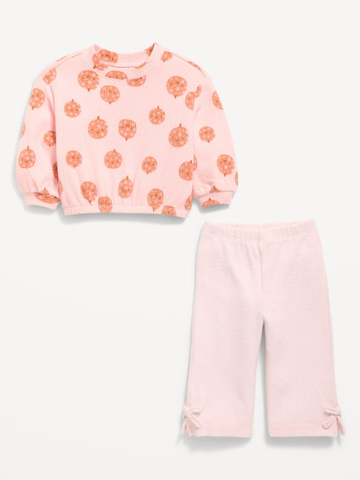 Printed Ribbed Sweatshirt and Wide-Leg Pants Set for Baby