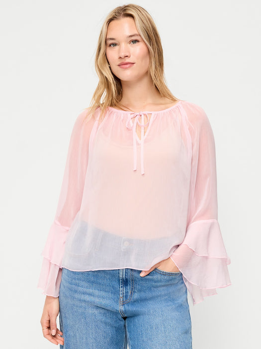 Sheer Chiffon Bell-Sleeve Top