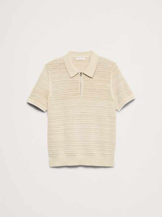 Cotton-Linen Mesh Zip Polo