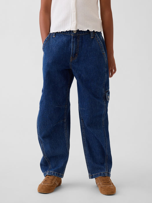 Kids High Rise Barrel Cargo Jeans