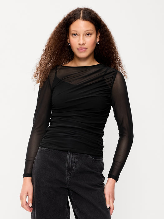 Long-Sleeve Asymmetrical Unlined Mesh Top