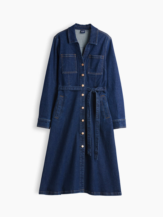 Denim Tie-Belt Midi Dress