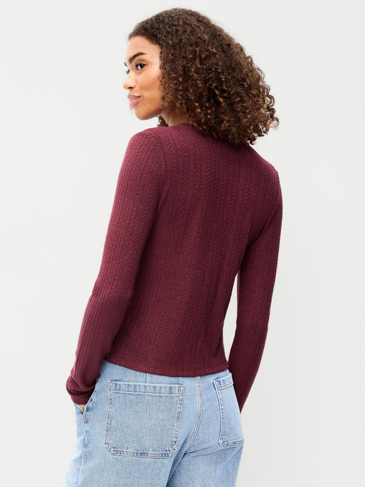 Long-Sleeve Button-Front Cutout Pointelle Top