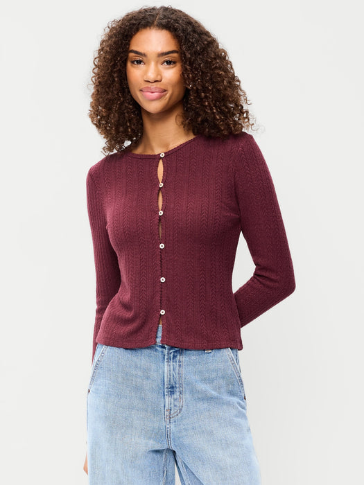 Long-Sleeve Button-Front Cutout Pointelle Top