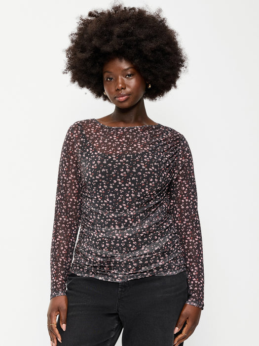 Long-Sleeve Asymmetrical Unlined Mesh Top