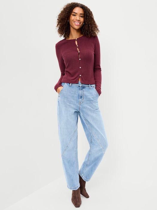 Long-Sleeve Button-Front Cutout Pointelle Top