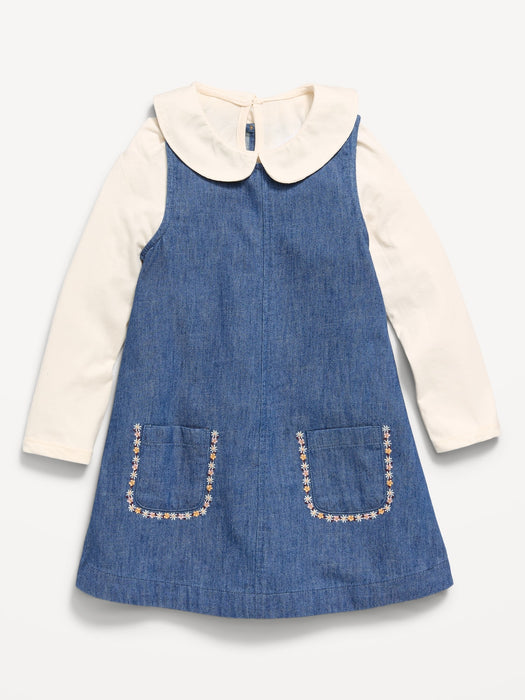 Long-Sleeve Collared Top and Dress Set for Toddler Girls
