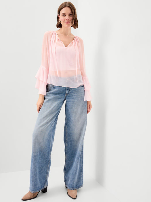 Sheer Chiffon Bell-Sleeve Top
