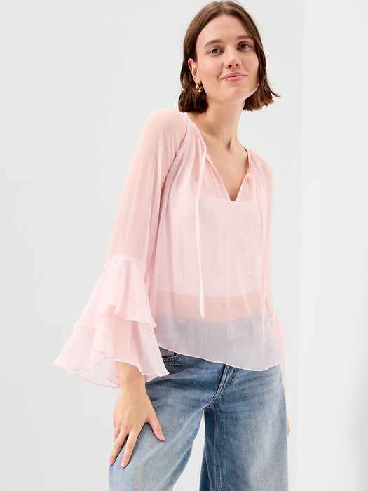 Sheer Chiffon Bell-Sleeve Top