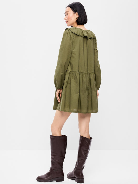 Long-Sleeve Ruffle-Collar Swing Mini Dress