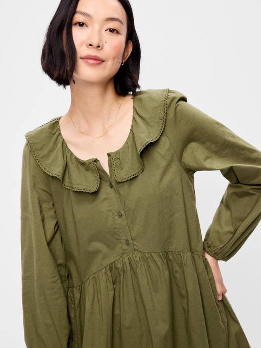 Long-Sleeve Ruffle-Collar Swing Mini Dress