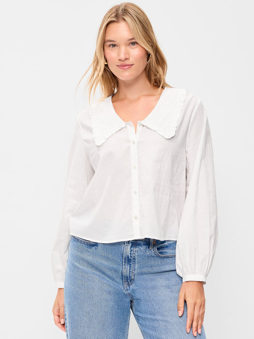 Long-Sleeve Statement Collar Button-Front Top