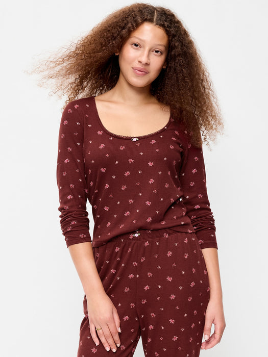 Waffle-Textured Long-Sleeve Pajama Top