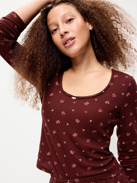 Waffle-Textured Long-Sleeve Pajama Top