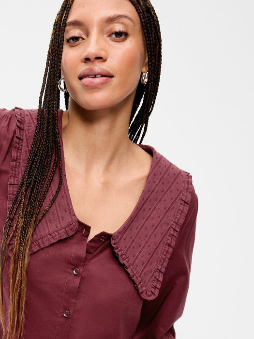 Long-Sleeve Statement Collar Button-Front Top