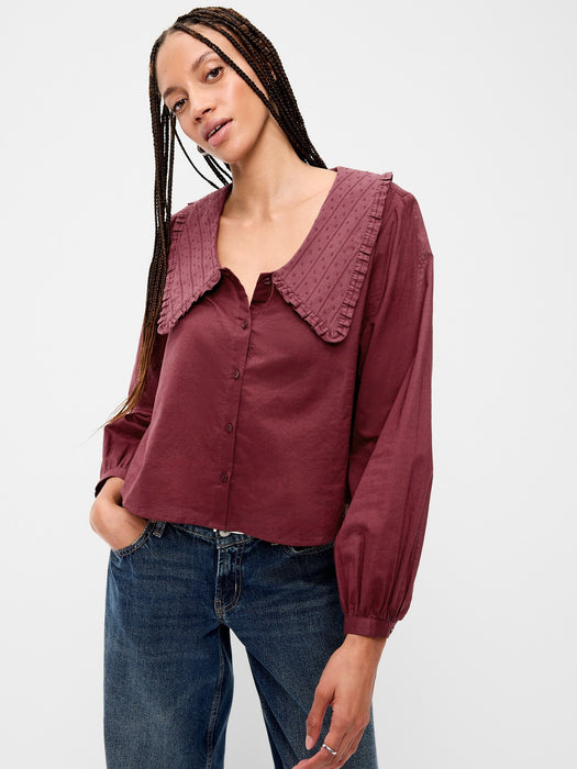 Long-Sleeve Statement Collar Button-Front Top