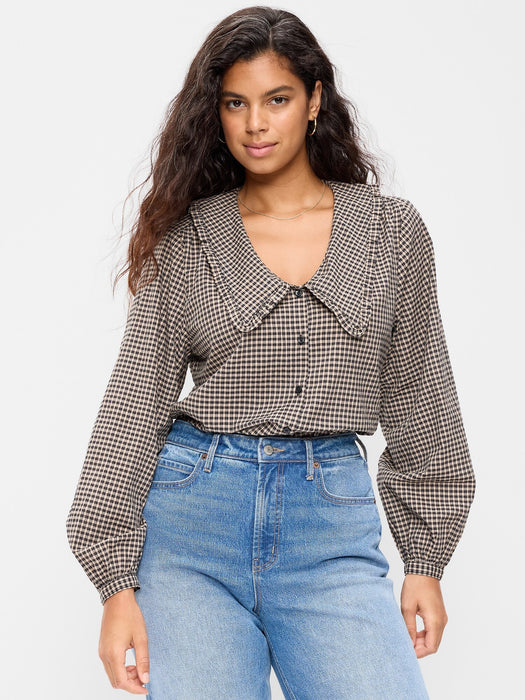 Long-Sleeve Statement Collar Button-Front Top