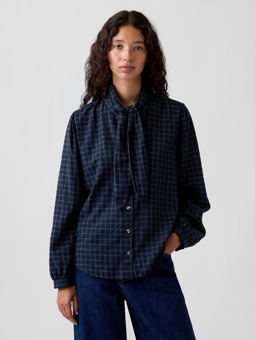 Plaid Tie-Neck Shirt