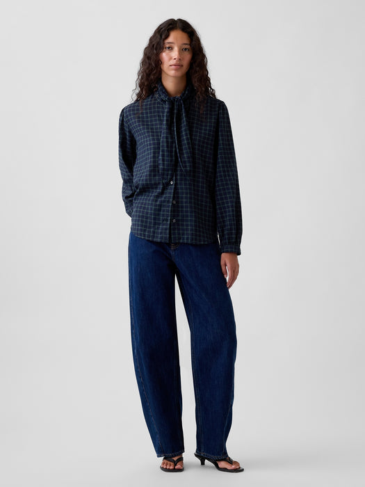 Plaid Tie-Neck Shirt
