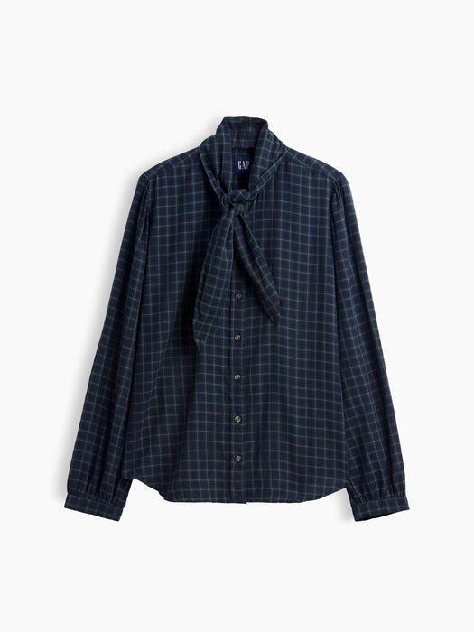 Plaid Tie-Neck Shirt