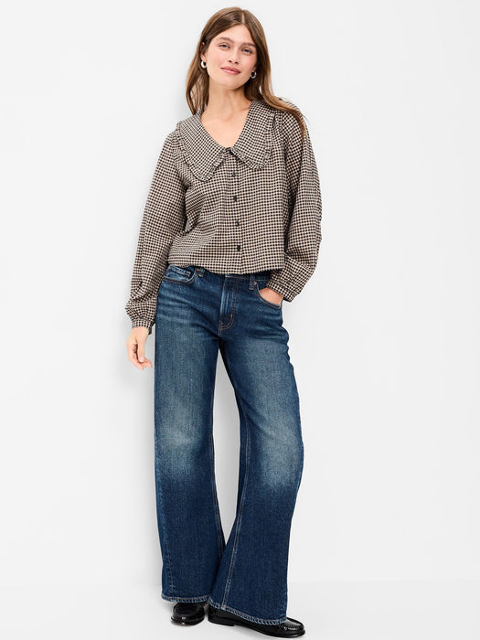 Long-Sleeve Statement Collar Button-Front Top