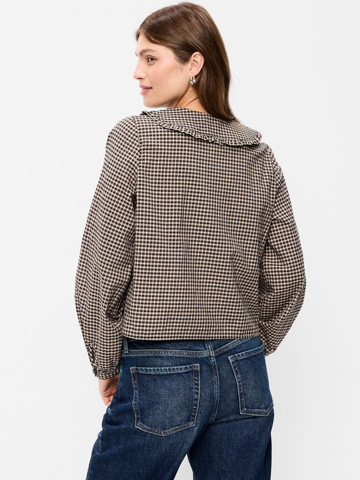 Long-Sleeve Statement Collar Button-Front Top