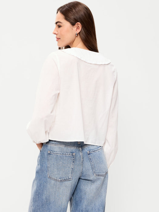Long-Sleeve Statement Collar Button-Front Top