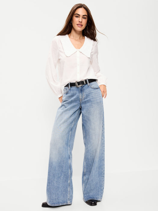 Long-Sleeve Statement Collar Button-Front Top