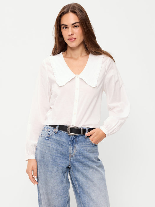 Long-Sleeve Statement Collar Button-Front Top