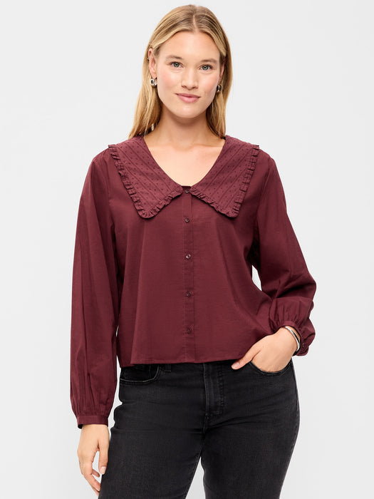 Long-Sleeve Statement Collar Button-Front Top
