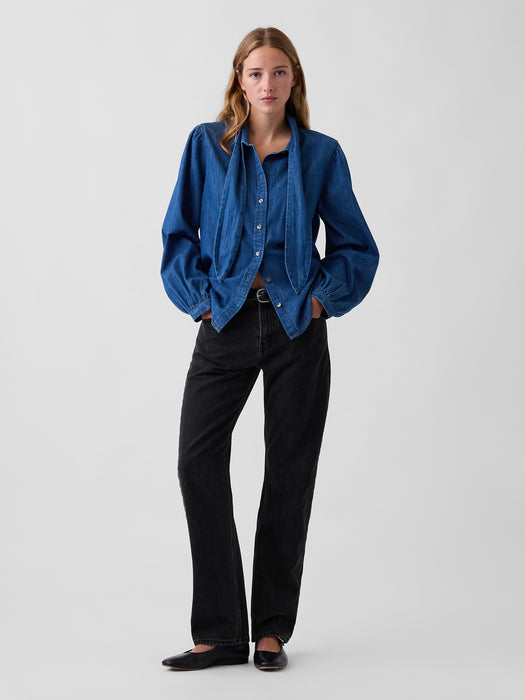 Denim Tie-Neck Shirt