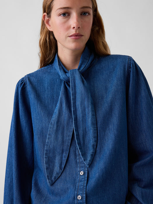 Denim Tie-Neck Shirt