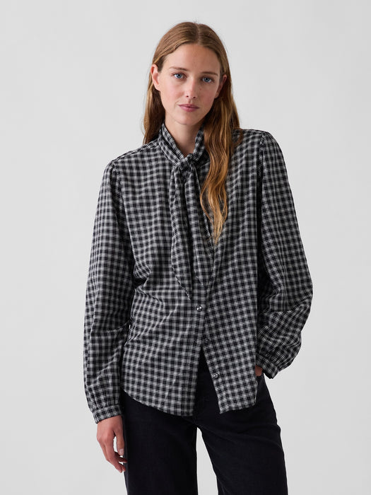 Plaid Tie-Neck Shirt