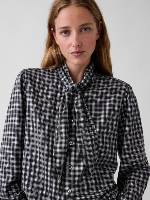 Plaid Tie-Neck Shirt