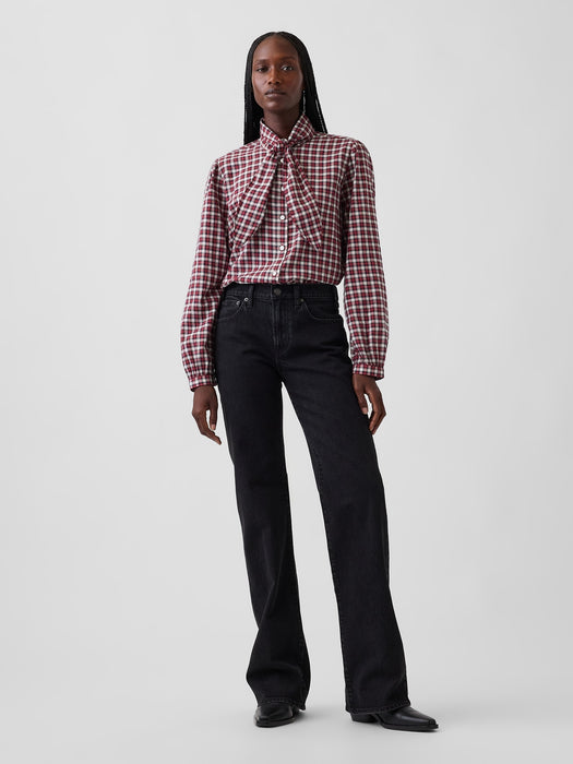 Plaid Tie-Neck Shirt