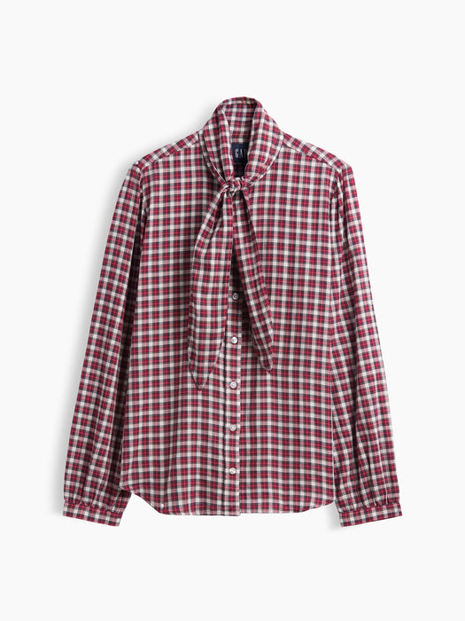 Plaid Tie-Neck Shirt