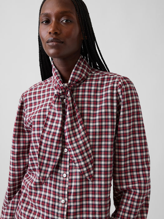Plaid Tie-Neck Shirt