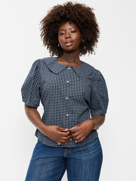 Lapel Collar Short-Sleeve Button-Front Top