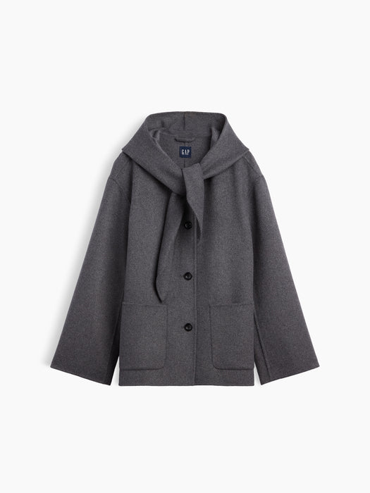 Wool-Blend Hooded Tie-Neck Coat