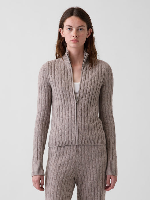 CashSoft Cable-Knit Zip Cardigan