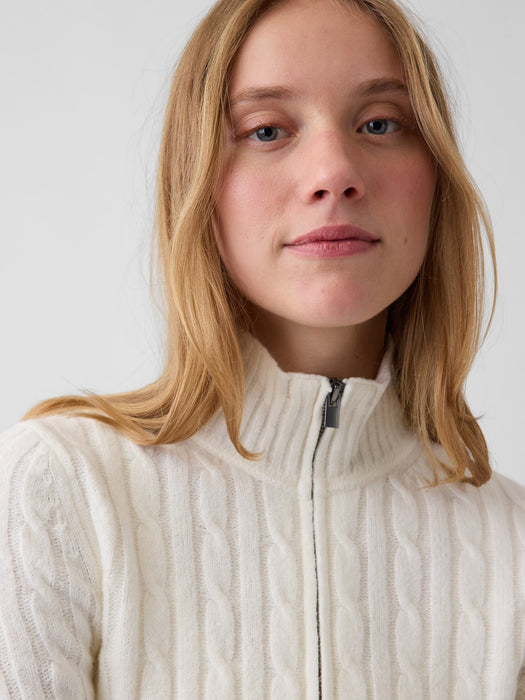 CashSoft Cable-Knit Zip Cardigan