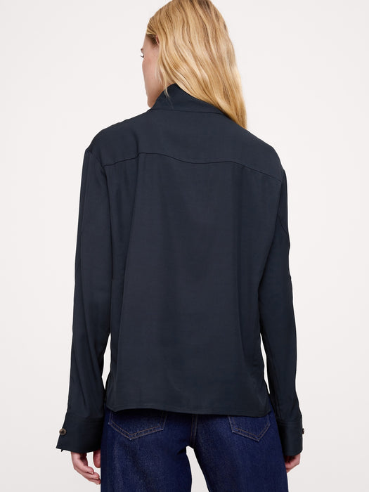 Drapey Twill Asymmetrical Button-Front Blouse