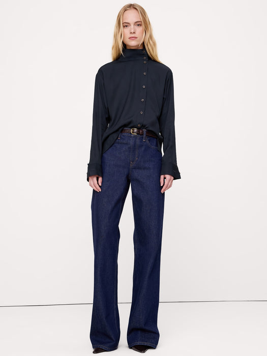 Drapey Twill Asymmetrical Button-Front Blouse