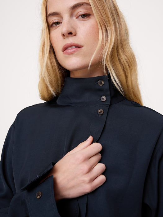 Drapey Twill Asymmetrical Button-Front Blouse