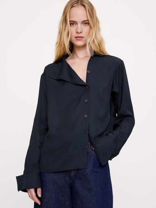 Drapey Twill Asymmetrical Button-Front Blouse