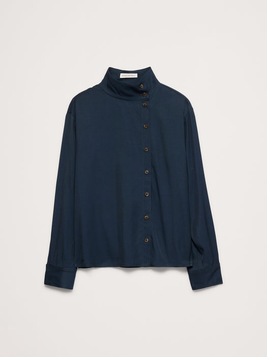 Drapey Twill Asymmetrical Button-Front Blouse