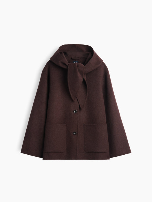 Wool-Blend Hooded Tie-Neck Coat