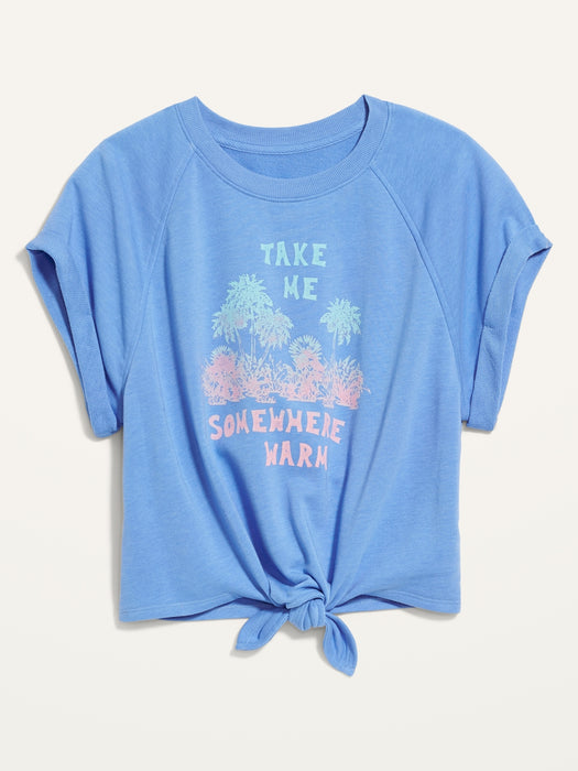 Loose Tie-Hem Cropped Short-Sleeve Sweatshirt for Women - Blue