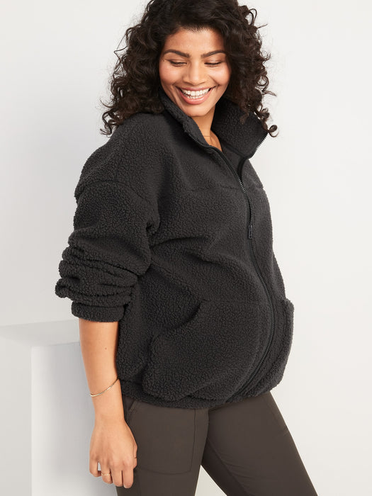 Maternity Cozy Sherpa Zip-Front Sweatshirt - Black